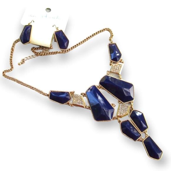 Charming Charlie navy blue/rhinestone necklace and earring set on card - Picture 1 of 11